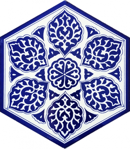 AL-2 Mavi beyaz iznik Desen Altıgen Cini Karo, Kutahya çinisi, çinileri, Türk hamamı, mosque, Banyo, otel dekorasyon fiyatları, hexagon tile, decorations