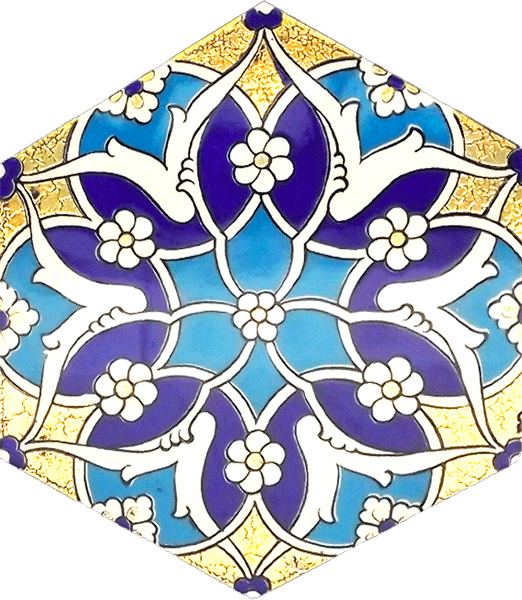 AL-5 Rumi Gold Printed Hexagon Ceramic Tile, Turkish Ceramics, Iznik Tiles, Turkish Bath, Mosque, Bathroom, Hotel Decoration Prices, Hexagon Tile, Decorations