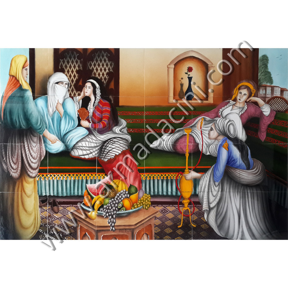 120x80 Osmanlı Sarayda Cariyeler Muhabbeti Cini Pano Kütahya ve iznik çinileri el yapımı çini karo klasik türk çini sanatı desenleri osmanlı motifleri türk hamamı çini pano banyo mutfak tezgah arası çiniler seramik dekorasyon hand made interior ceramic tiles decoration turkısh bath bathroom çini örnekleri saray cariye