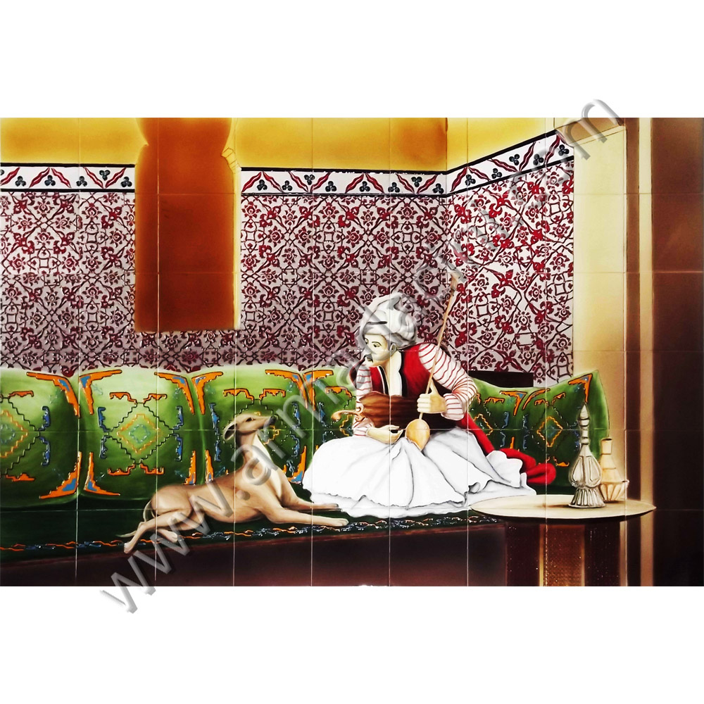 180x120 Osmanlı Nargileci Bektasi Cini Pano Kütahya ve iznik çinileri el yapımı çini karo klasik türk çini sanatı desenleri osmanlı motifleri türk hamamı çini pano banyo mutfak tezgah arası çiniler seramik dekorasyon hand made interior ceramic tiles decoration turkısh bath bathroom çini örnekleri saray cariye