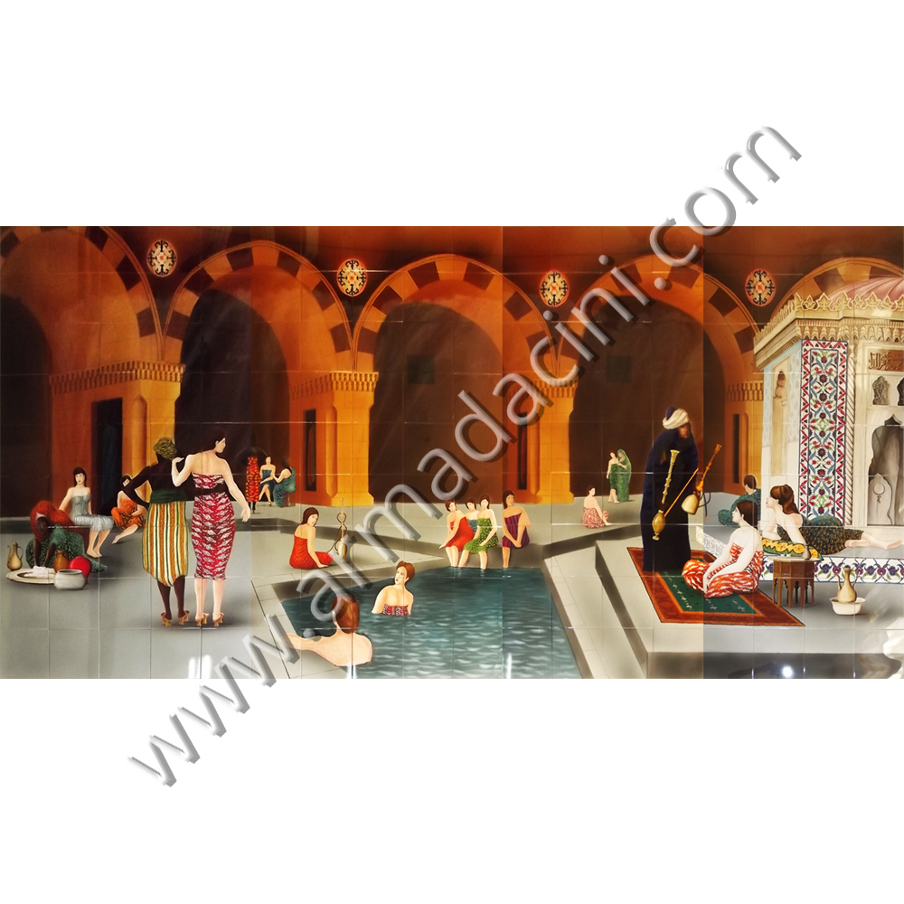 Ozel El dekoru Hamamda Havuz Muhabbeti Cini Pano Kütahya ve iznik çinileri el yapımı çini karo klasik türk çini sanatı desenleri osmanlı motifleri türk hamamı çini pano banyo mutfak tezgah arası çiniler seramik dekorasyon hand made interior ceramic tiles decoration turkısh bath bathroom çini örnekleri saray cariye