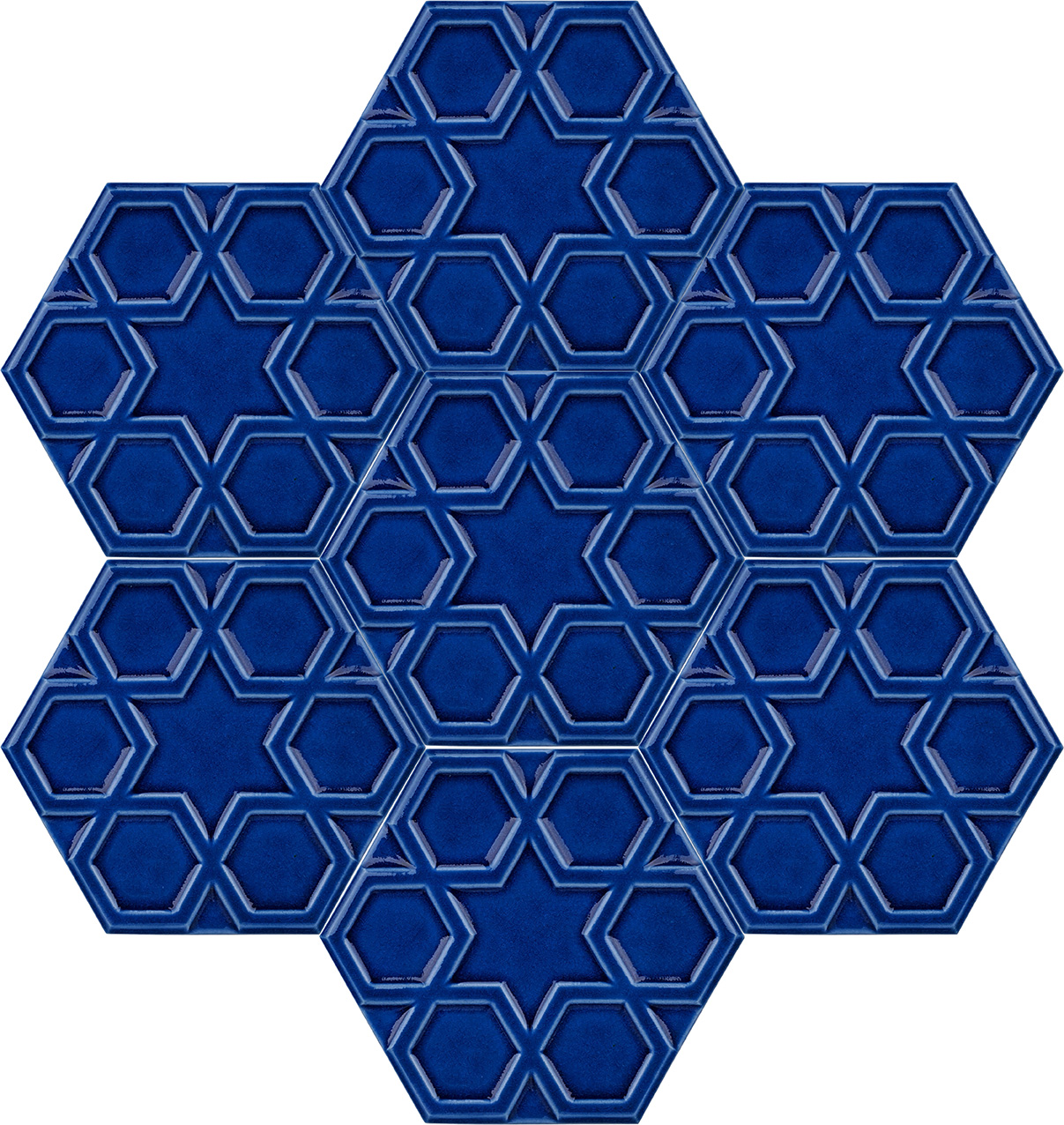 Cobalt dark navy blue dark blue colored hexagonal shaped embossed pattern relief selcuklu star ceramic tile turkish bath china school mosque masjid masjid for Relief hexagonal cobalt ceramic tile
