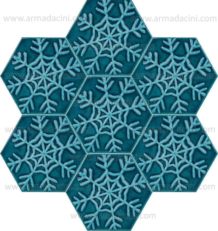 Relief Snowflake Patterned Hexagonal Turquoise Color Ceramic Tile in various forms embossed tile ceramic patterns patterns designs hotel hotel spa thermal cafe cafe design models designs ceramics
