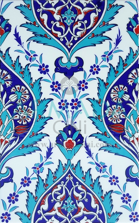 25x40 SP-417-M Patterned Iznik Tile Tile Model (Blue-Beaded) Turquoise Cobalt Colored Flower Patterned Bottomed Kütahya Tile Tile Pattern Patterns Ceramics