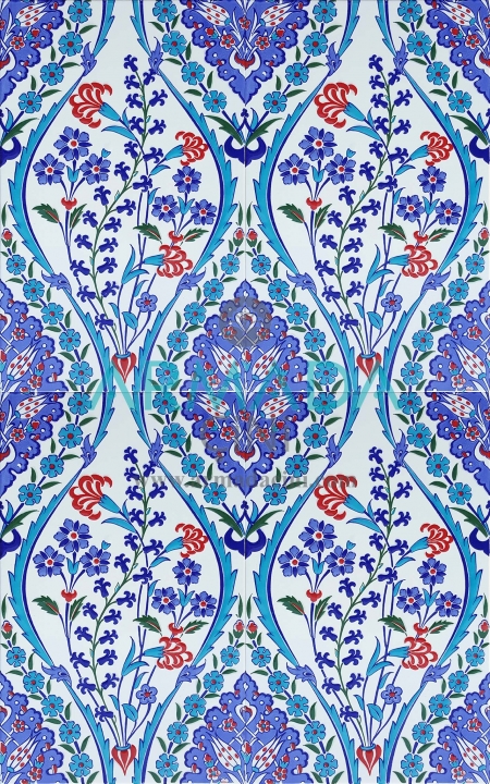 25x40 SP-418 Patterned Iznik Tile Tile Model (Carnation) Turquoise Cobalt Colored Flower Patterned Kütahya Tile Tile Pattern Patterns Ceramics iznik ottoman turkis ceramic tiles
