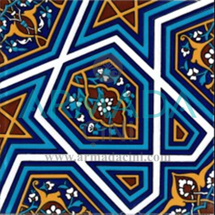 20x20 SP-48 Decorated Iznik Tile Tile Model (Great Turkmen Star) Exterior Wall China Ovens Heat Resistant Fountain Şadırvan Mescit Çinileri Kütahya Seramiki