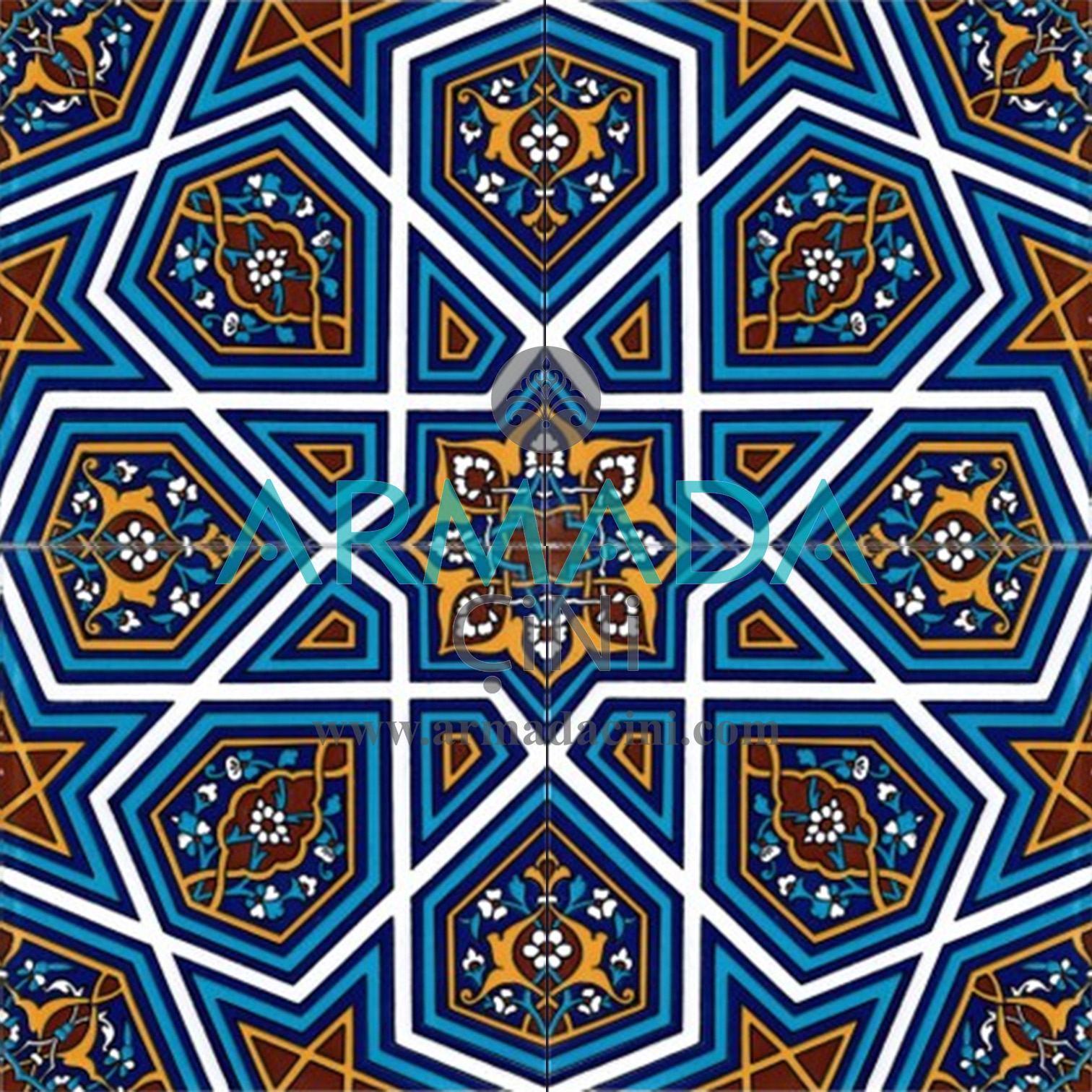 20x20 SP-48 Decorated Iznik Tile Tile Model (Great Turkmen Star) Exterior Wall China Ovens Heat Resistant Fountain Şadırvan Mescit Çinileri Kütahya Seramiki