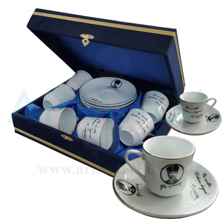 Atatürk'lü Fincan Takımı Modelleri Desenleri Hediyelik Atatürk Ürünleri Kahve Fincanı Takımı Atatürk Silüeti İmzası İmzalı Hediyelik Ürünler En Güzel En Özel